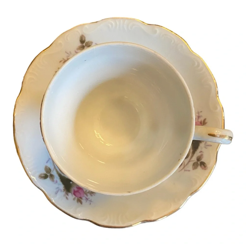 Vintage Moss Rose Teacup and Saucer Set, Fine China Japan Gold Trim
